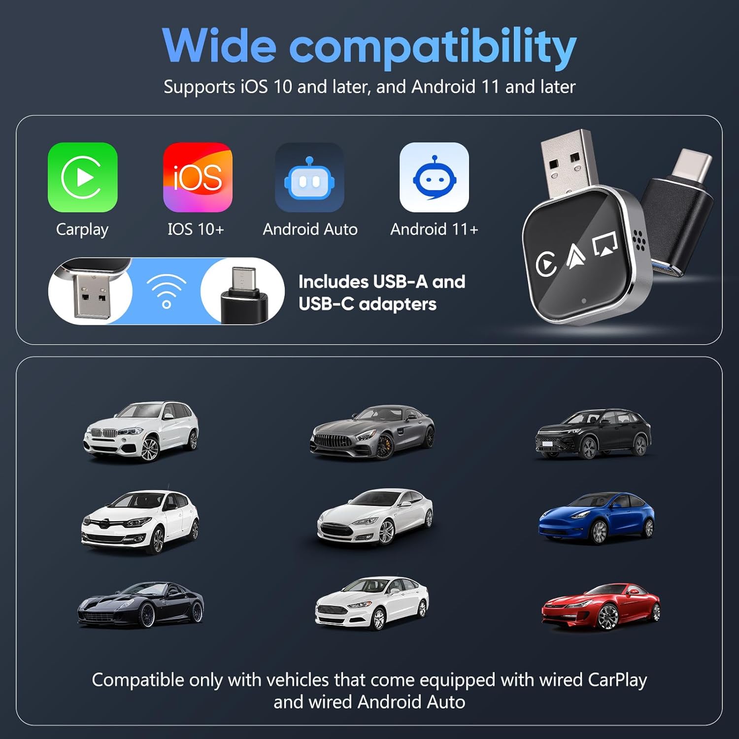 DOITOOL Wireless Car Adapter 3-in-1 Auto Adapter Converts Wired to Wireless USB A to C Connector Plug and Play for Vehicle Phone Connection