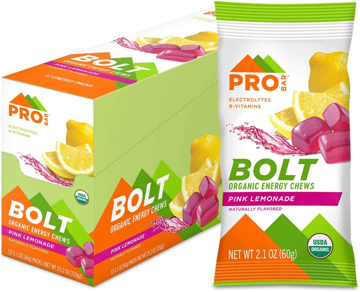 PROBAR Bolt Energy Chews for Running & Cycling – Organic Sports Nutrition Gummies with Electrolytes & B Vitamins, Fast Carb Endurance Fuel, Vegan Gluten Free Non-GMO, Pink Lemonade (12 Pack)