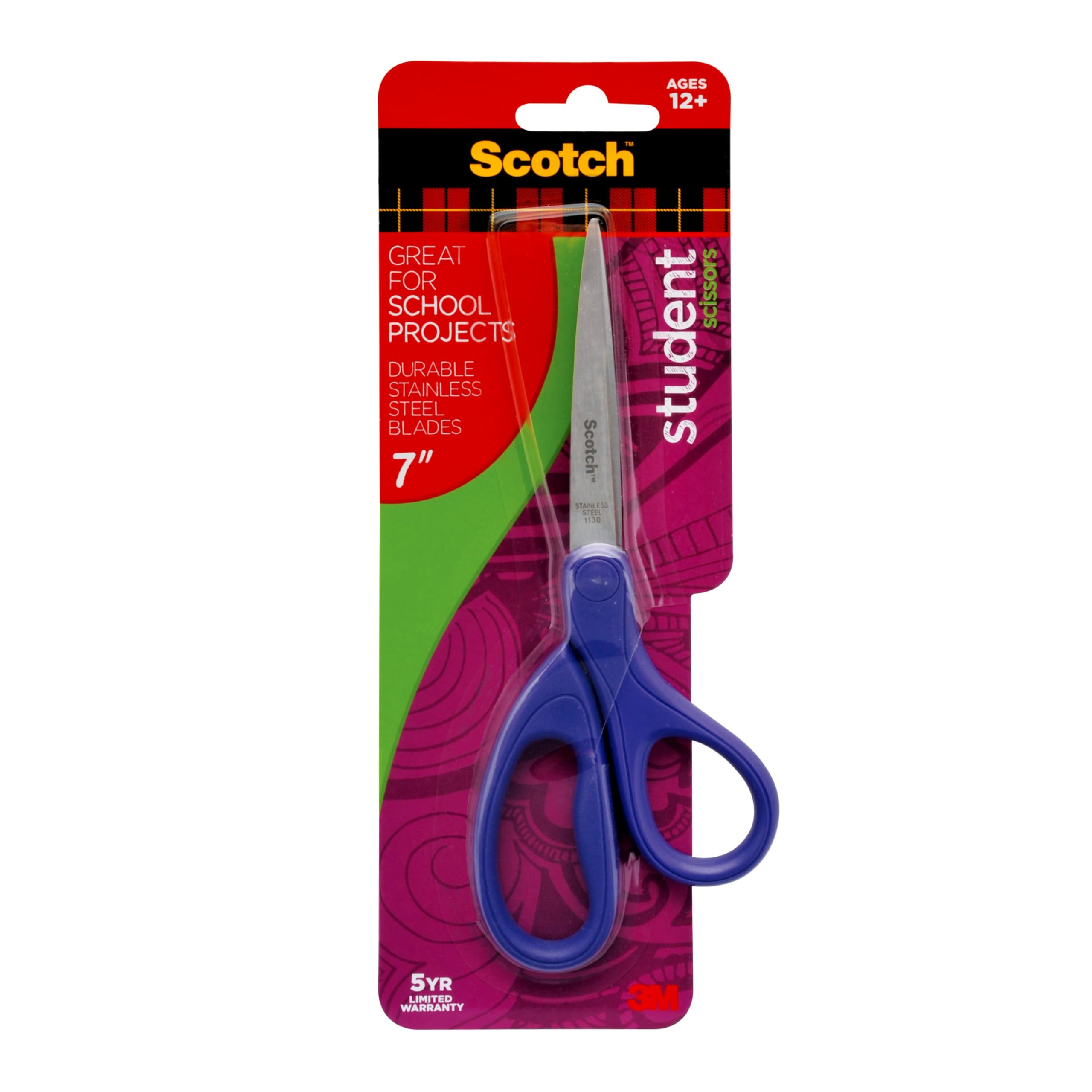 Scotch Studentenschere, 17,8 cm, Blau, Grün und Lila, Farben variieren, 6 Stück