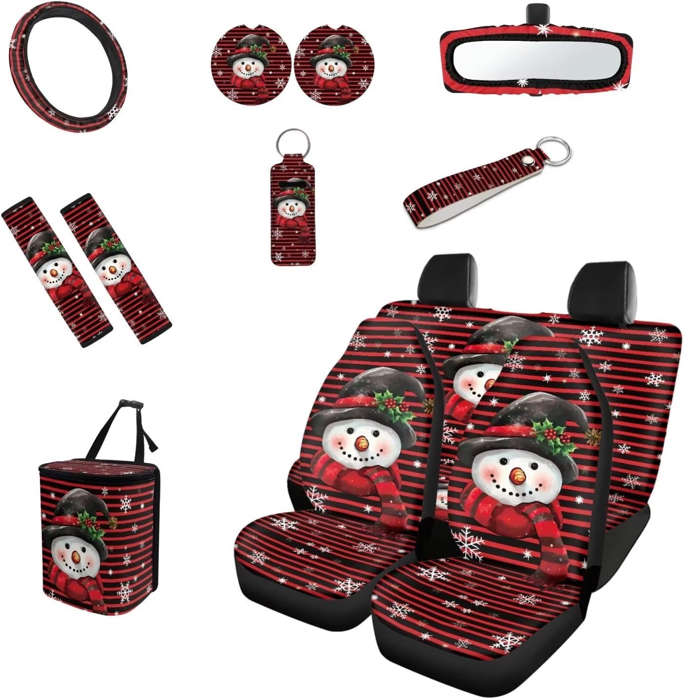 Christmas Snowman 12 Pcs Full Set Car Seat Covers for Car Front Rear Seat Covers Steering Wheel Cover Car Trash Lipstick Protector Keychain Coasters Rearview Protector Car Essentials