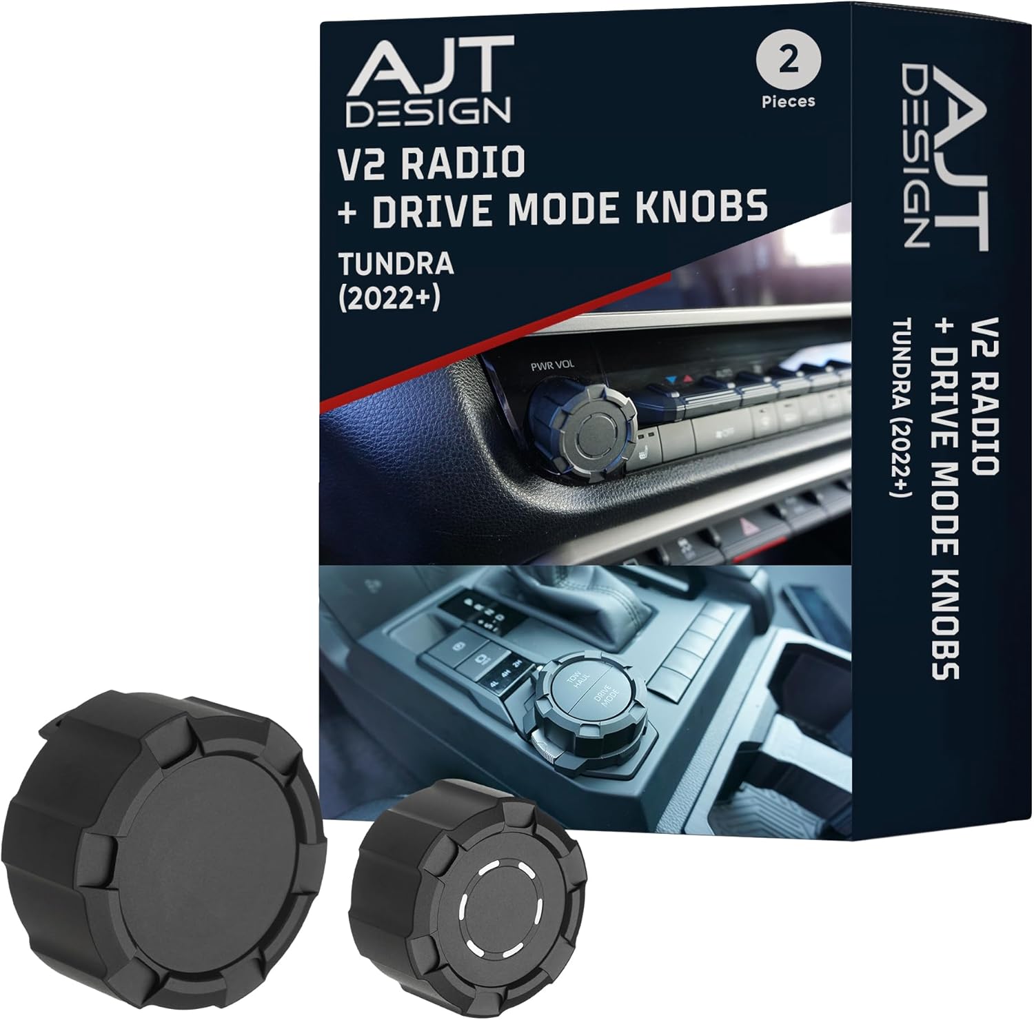 AJT DESIGN V2 Radio Knob + Drive Mode Knob | Compatible with 2022+ Toyota Tundra (Large 14" Touchscreen) | Durable 6061-T6 Billet Aluminum Body | Tundra Interior Accessories | 2Pc Set - Black
