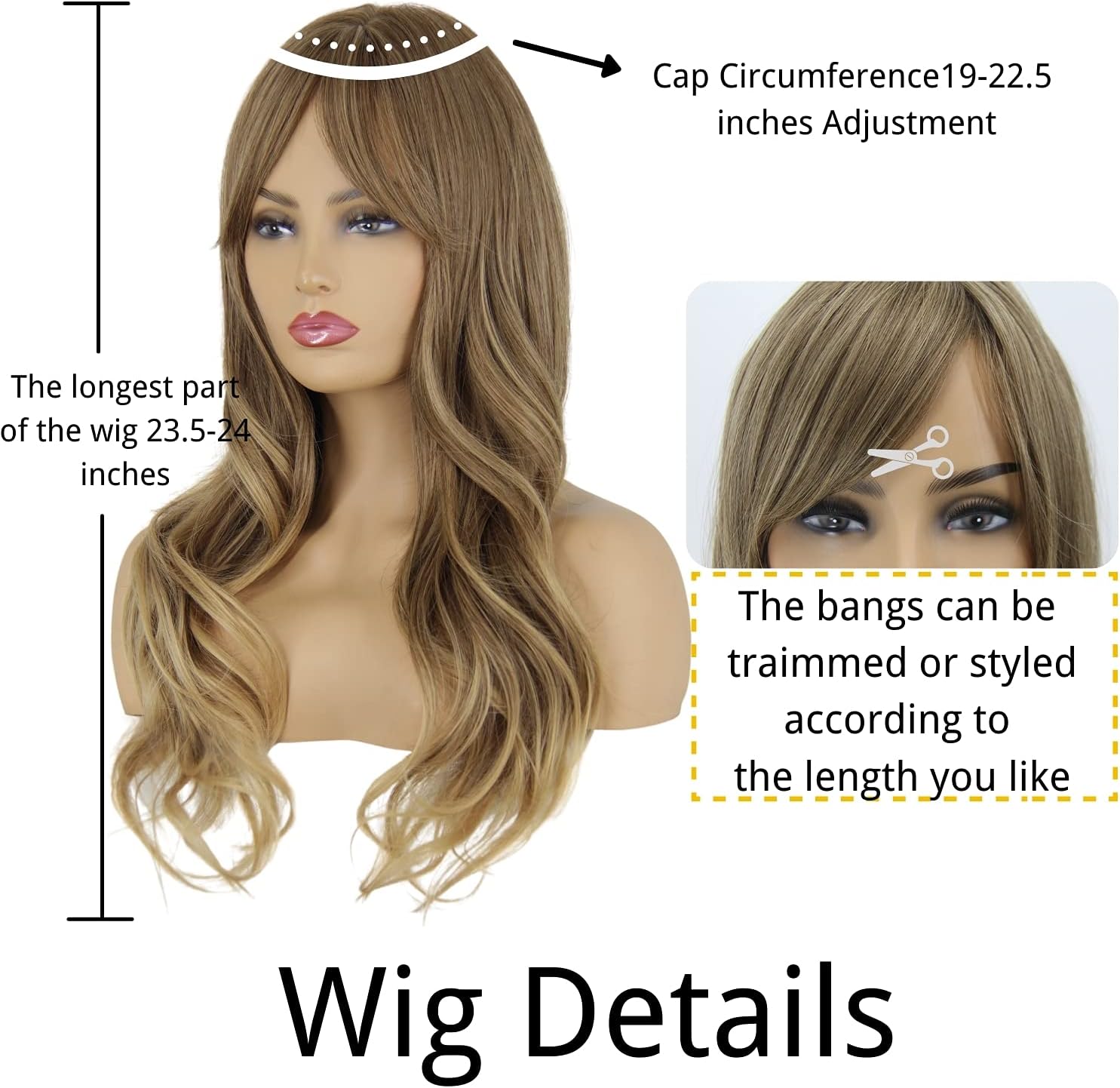Juziviee 26 inch Highlight Brown Blonde Wig Long Wavy Bangs Wig Synthetic Natural Hair Wigs for Women VK012 - Image 4