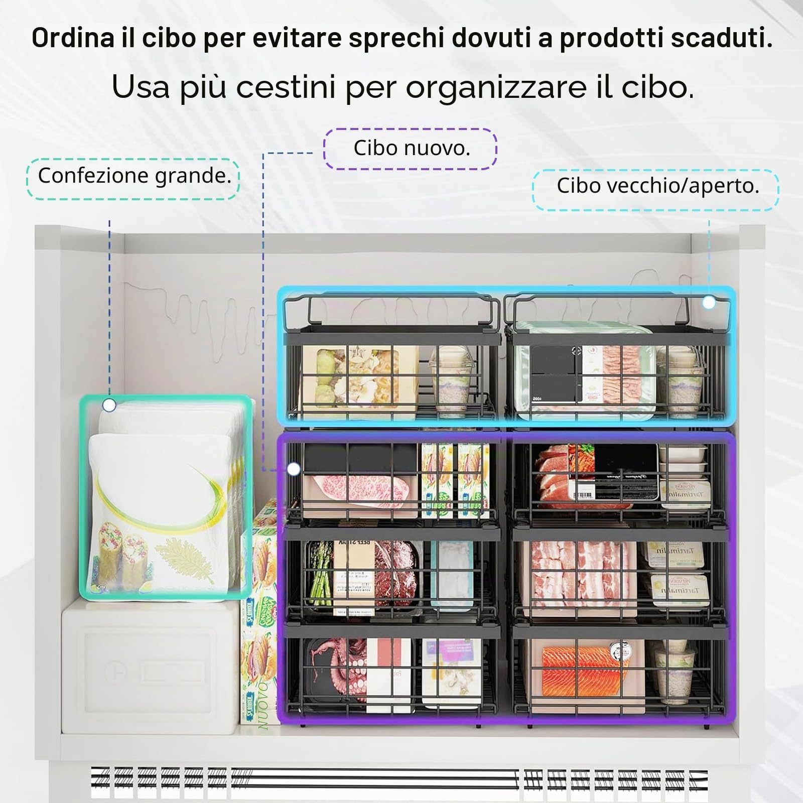2 Pezzi Cestini Congelatore Espandibili, Organizzatore per Congelatore Impilabili con Maniglia, Cestini Congelatores in Metallo per 140L a 570L Congelatores, Organizzare Gli Ingredienti Congelati