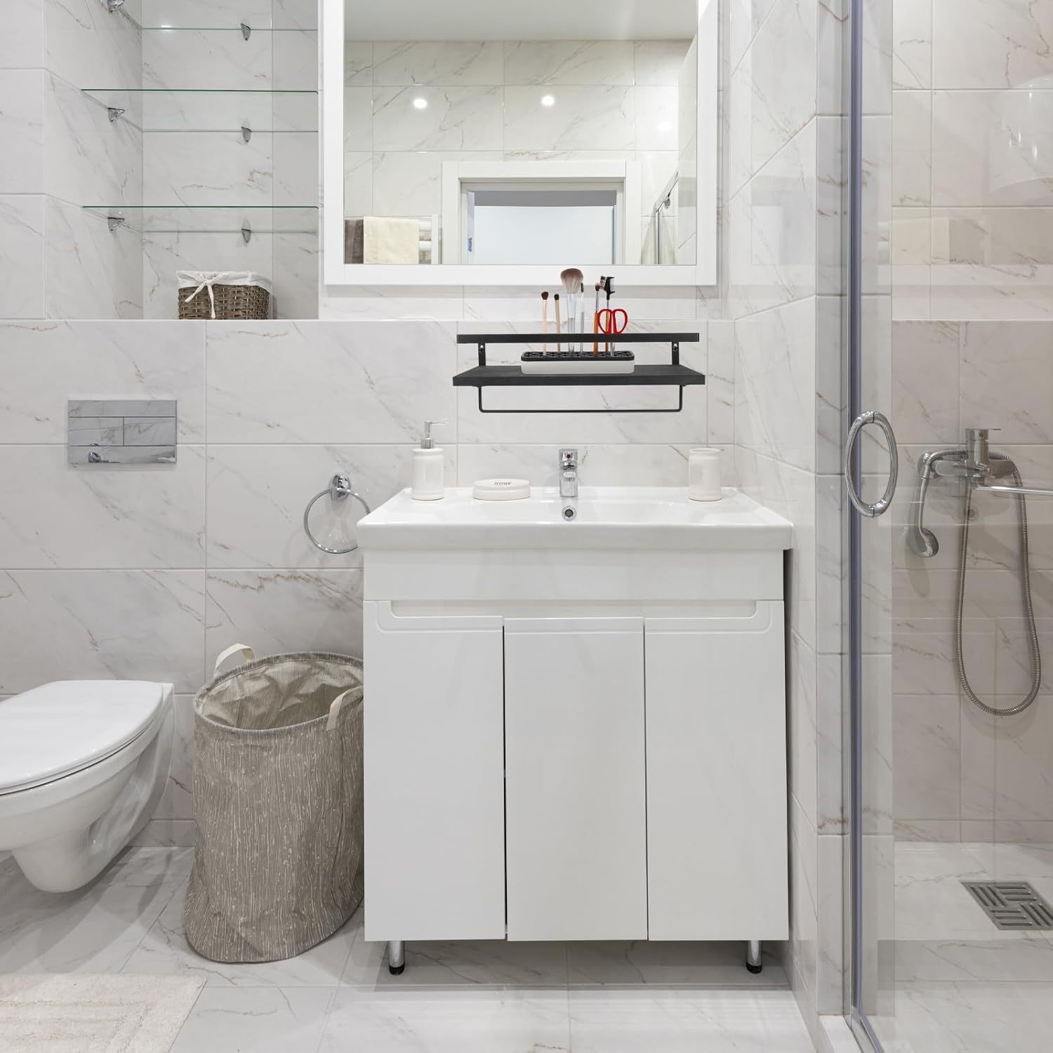 POPETPOP Wall-Mounted Floating Shelves Rustic Black Paulownia Wood Hanging Shelf for Bathroom Kitchen Living Room Storage and Decor, 2pcs Set