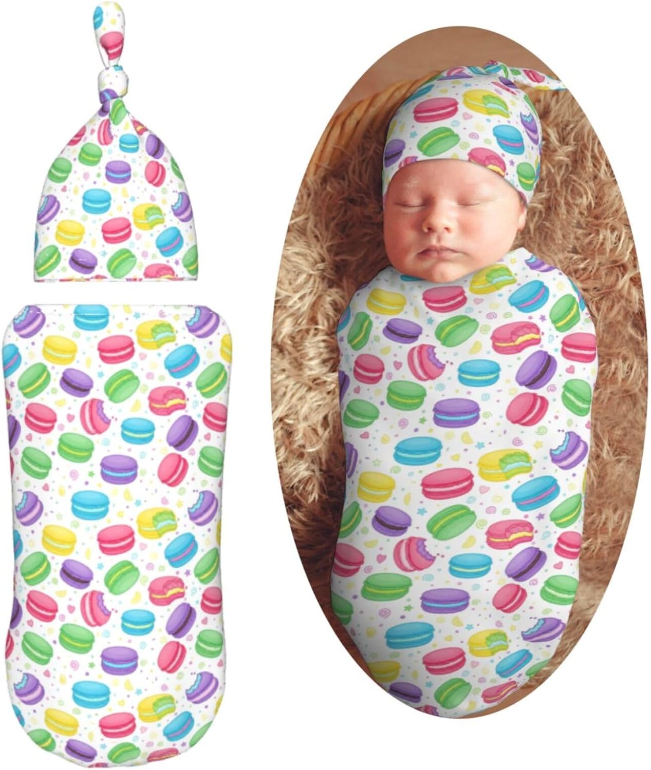 Colorful Macaron and Hearts Newborn Swaddle Blankets Hat Sets Soft Baby Receiving Blanket Swaddle Sack for Baby Shower Infant Boy Girl Gift