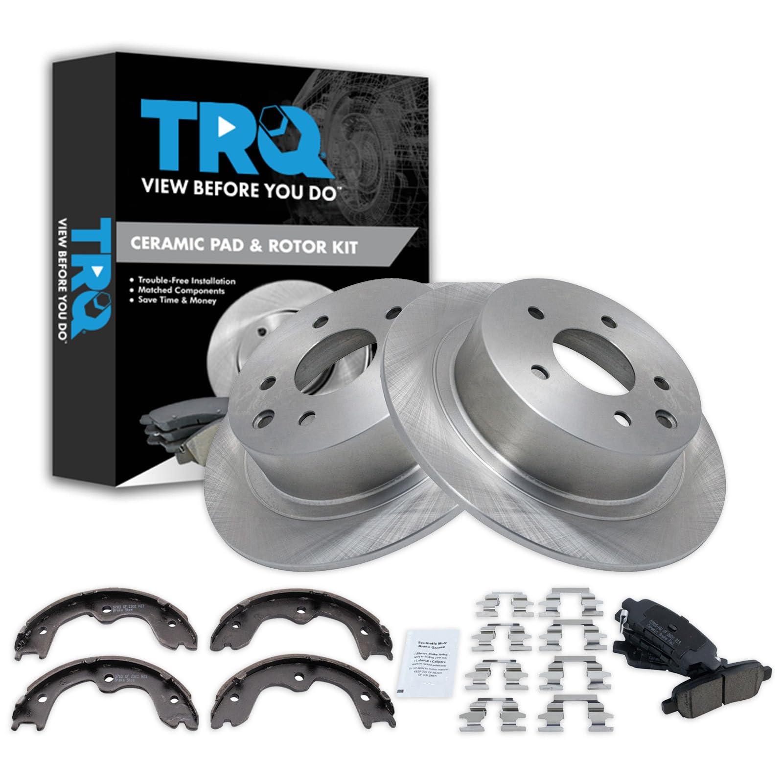 TRQ Rear Brake Pad and Rotor Set Ceramic Rotors Parking Brake Shoe Compatible with 2002-2021 Nissan Altima 2004-2008 Maxima