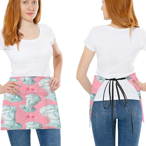 Miniatura 2 de David Statue Love - Paquete de 3 delantales de servidor con 3 bolsillos impermeables para mujer, delantales de media cintura para cocinar,