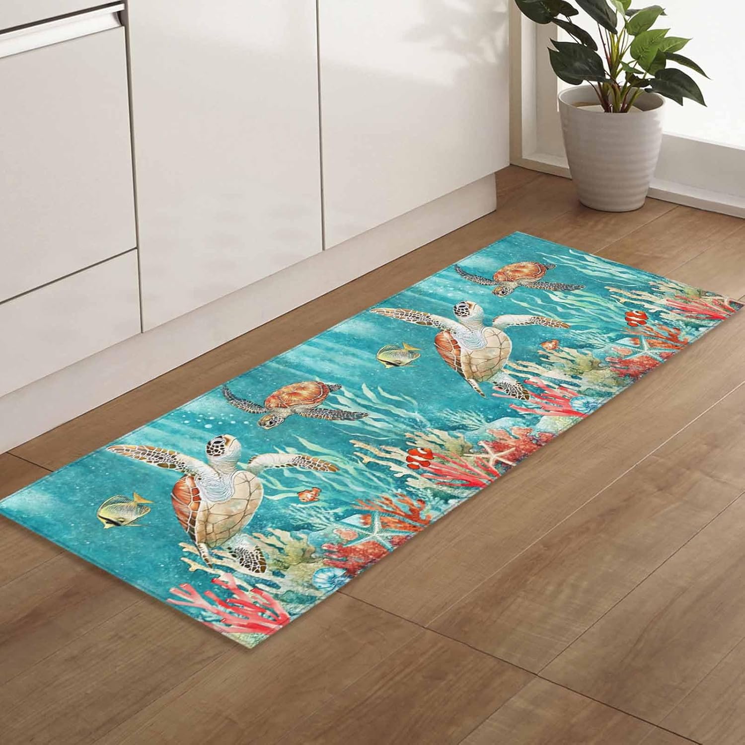 2 Pieces Kitchen Rugs and Mats,Retro Watercolor Ocean Turtle Coral Fish Area Runner Rug Set Non Slip Floor Doormat Washable Carpet Standing Mat for Kitchen Sink Indoor Corridor,Nautical Marine Life