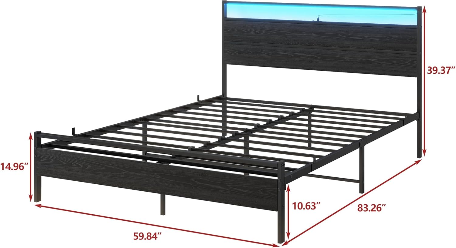 BOFENG Queen Bed Frame,Queen Size Metal Platform Bed Frame with Storage & LED Light Headboard and USB Charging Station,No Box Spring Needed,Heavy Duty Metal Slats,Noise Free,Black - Image 2