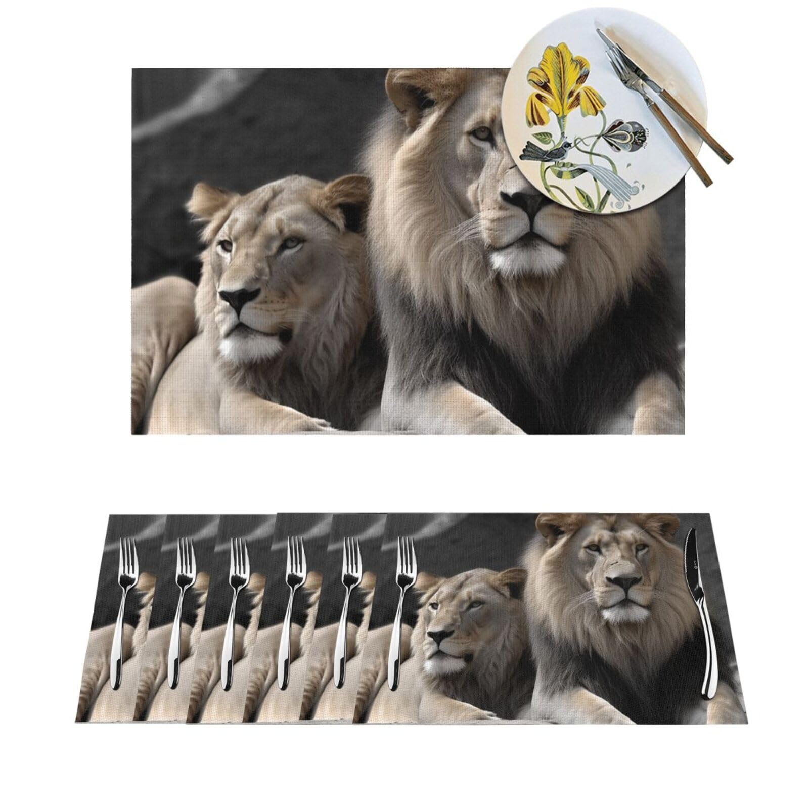 Set de table motif lions en PVC tissé résistant et imperméable pour dîner