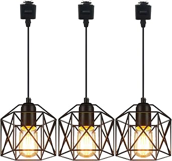 3-Pack L-Type Track Lighting Pendants Chandelier Decorative Iron Square Bulb Cage Pendant Light Industrial Factory Lightolier Compatible Track Pendant Light Customizable Bulb Not Included