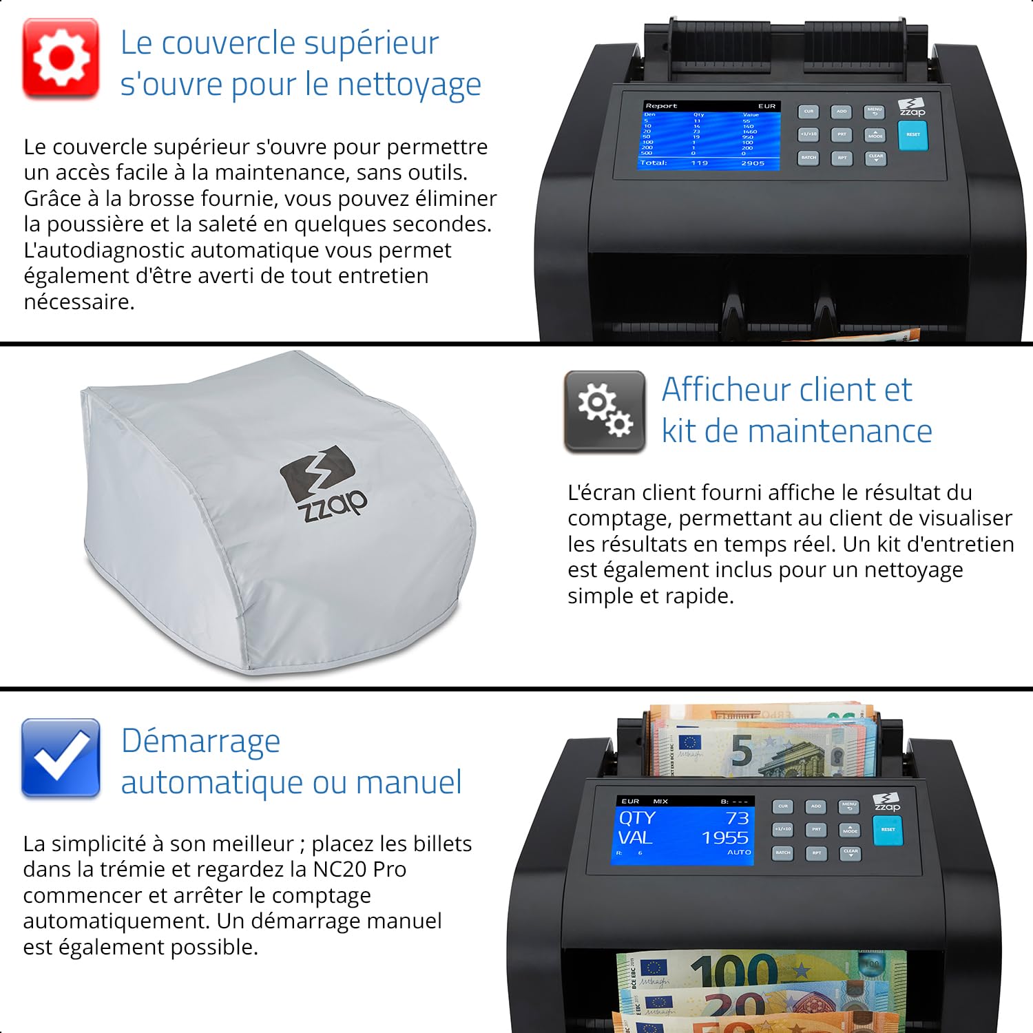 ZZap NC20 Pro Compteur de billets pour coupures mixtes & détecteur de faux billets – Machine à compter les billets, compteur de billets bancaires, compteur de valeur