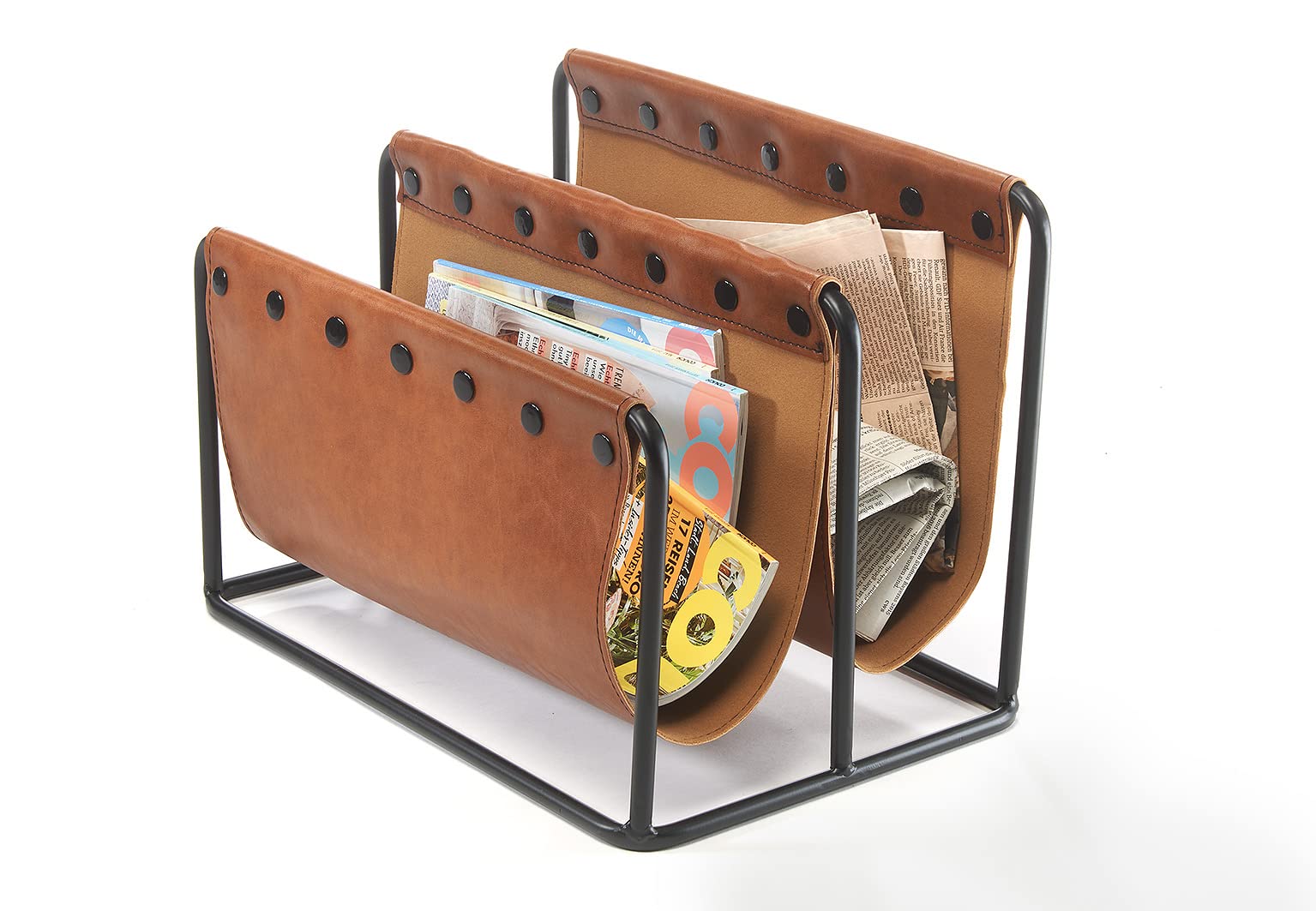 Kobolo Zeitungsständer aus Metall und Kunstleder braun mit Zwei Fächern 38x25x27cm