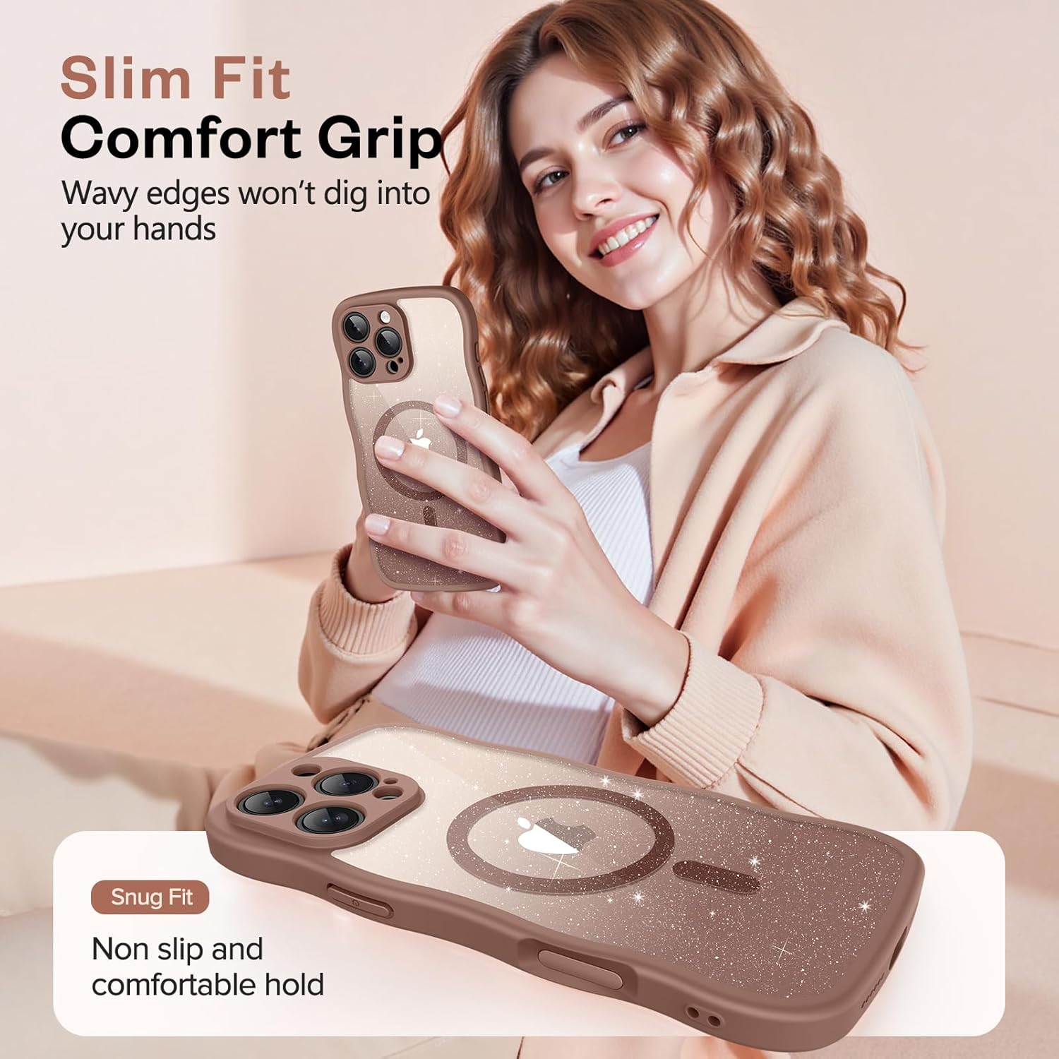 GVIEWIN for iPhone 16 Pro Case Compatible with Magsafe, [Full Camera Protection] [Not Yellowing] Wavy Frame Shockproof Gradient Glitter Slim Women Phone Cover with Camera Control, Brown - Image 8