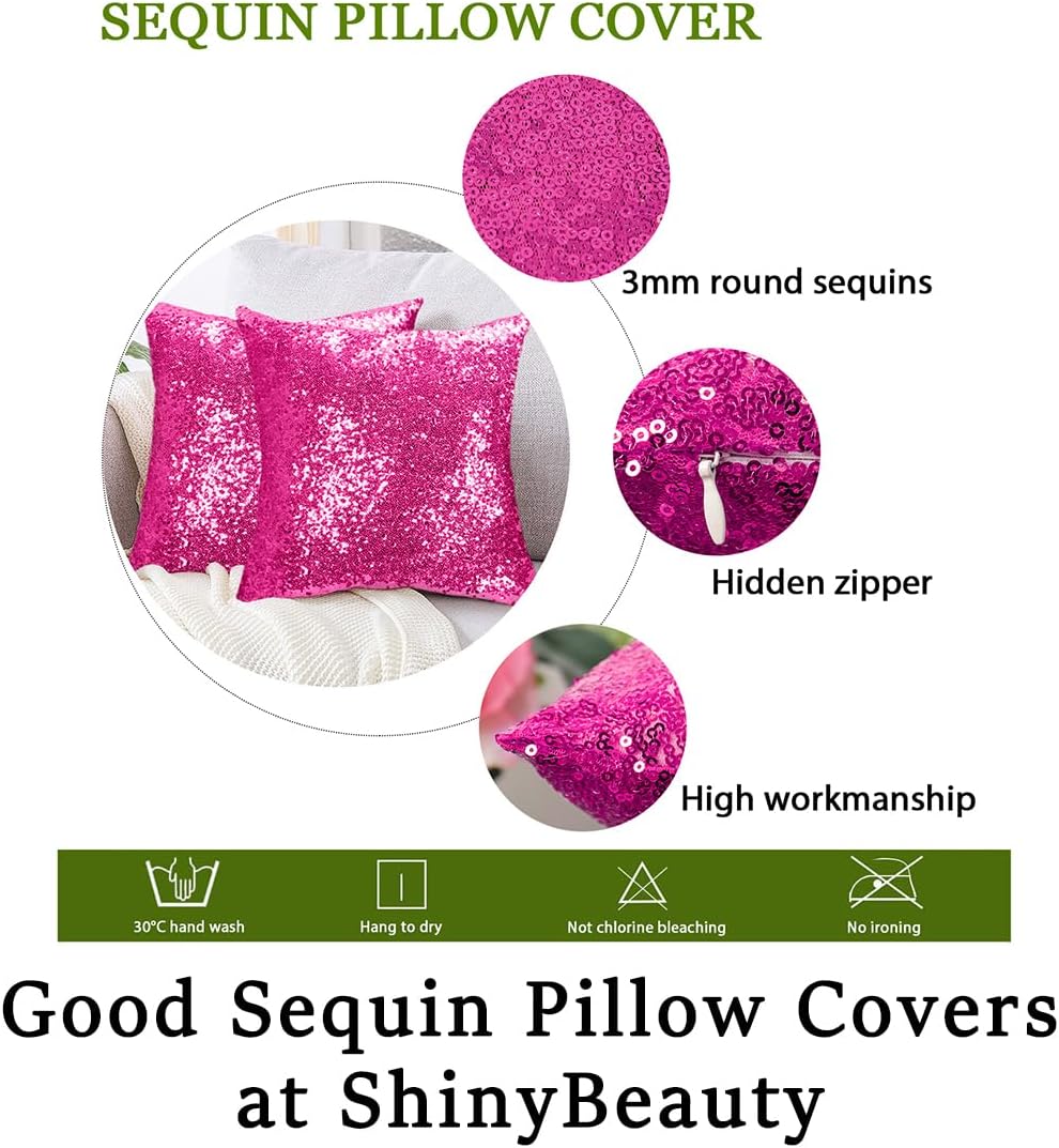 ShinyBeauty Hot Pink Pillow Covers 20x20 Inch 4 Pack - Glitter Sequin Cushion Covers for Sofa Bed, Sparkling Home Decor, Soft Decorative Pillow Shams