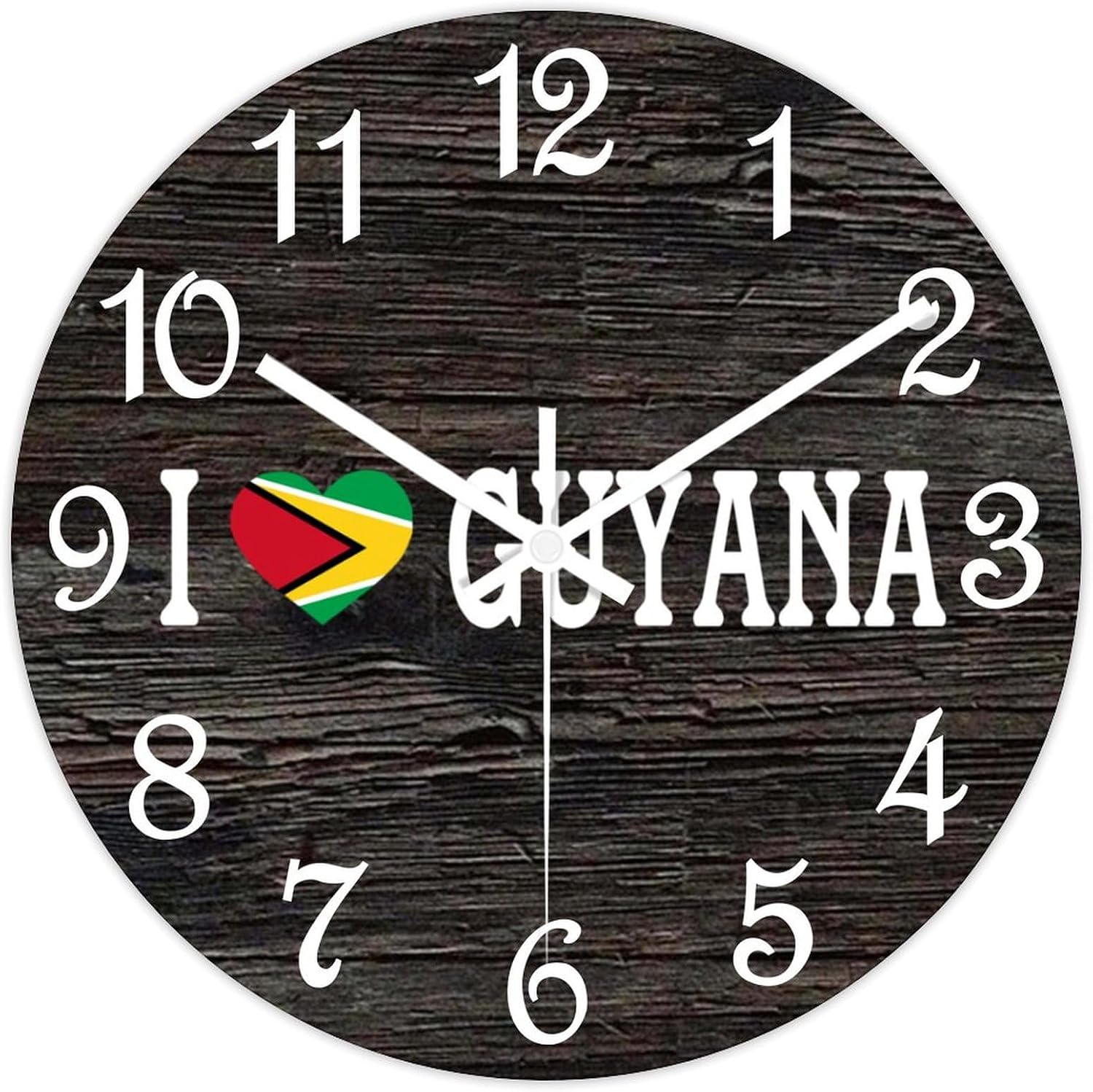 I Love Guyana Wooden Wall Clock Flag of Guyana Hanging Wall Clock Battery Operated Non-Ticking Sweep 15 Inch Rustic Chic Farmhouse Wall Clock for Wall Laundry