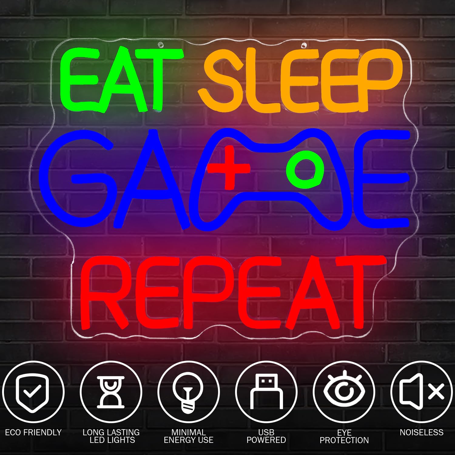 Eat Sleep Game Repeat Insegna al neon da gioco LED per la stanza dei ragazzi alimentata tramite USB, cartello decorativo per uomo, grotta, bar, camera da letto, sala giochi, arte da parete al neon per
