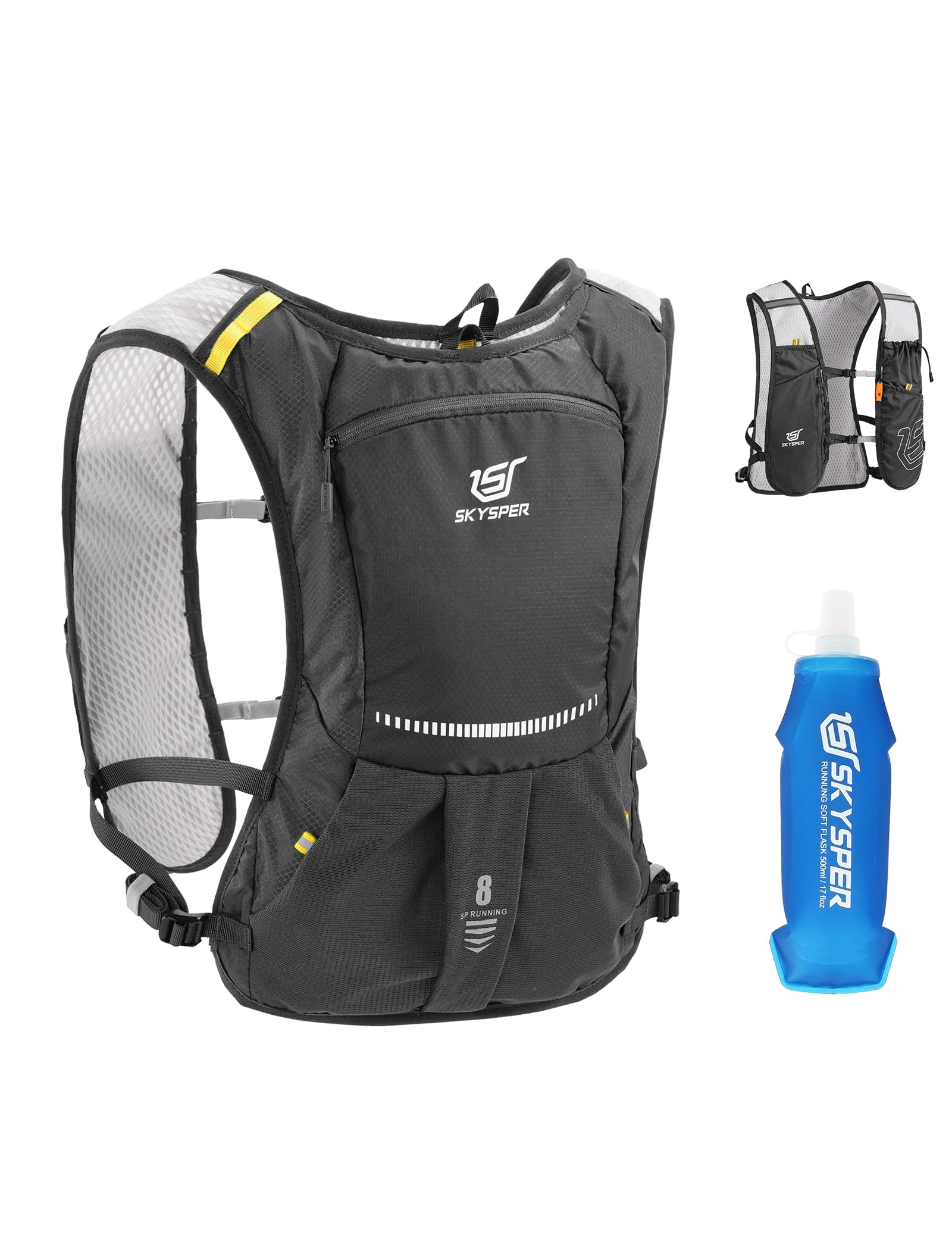 SKYSPER Chaleco de Hidratación Running 5L | Chaleco Ligero con Botella 500ML y Diseño Reflectante para Trail Maratón y Senderismo