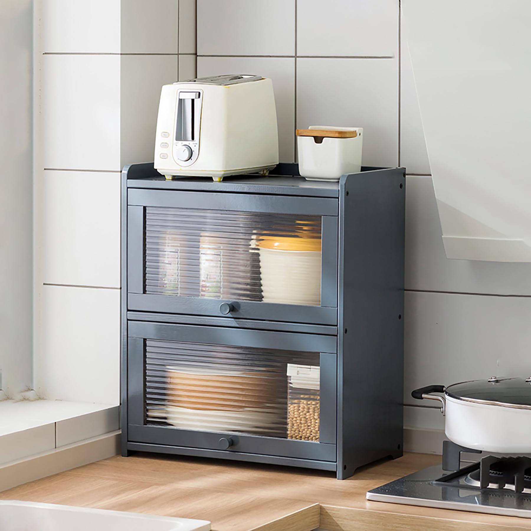 Armario de cocina de bambú Cact gris con 2 niveles y puertas abatibles de 42x50 cm