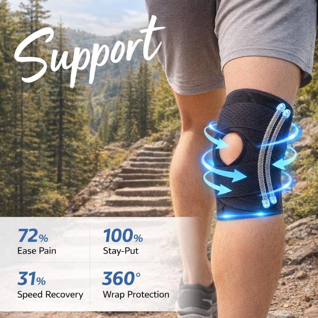 Meniscus Knee Brace for Women & Men, Knee Support with Side Stabilizers, Meniscus Tear Pain Relief for ACL & Arthritis, Adjustable Patella Stability Strap with V-Straps Design (Medium)