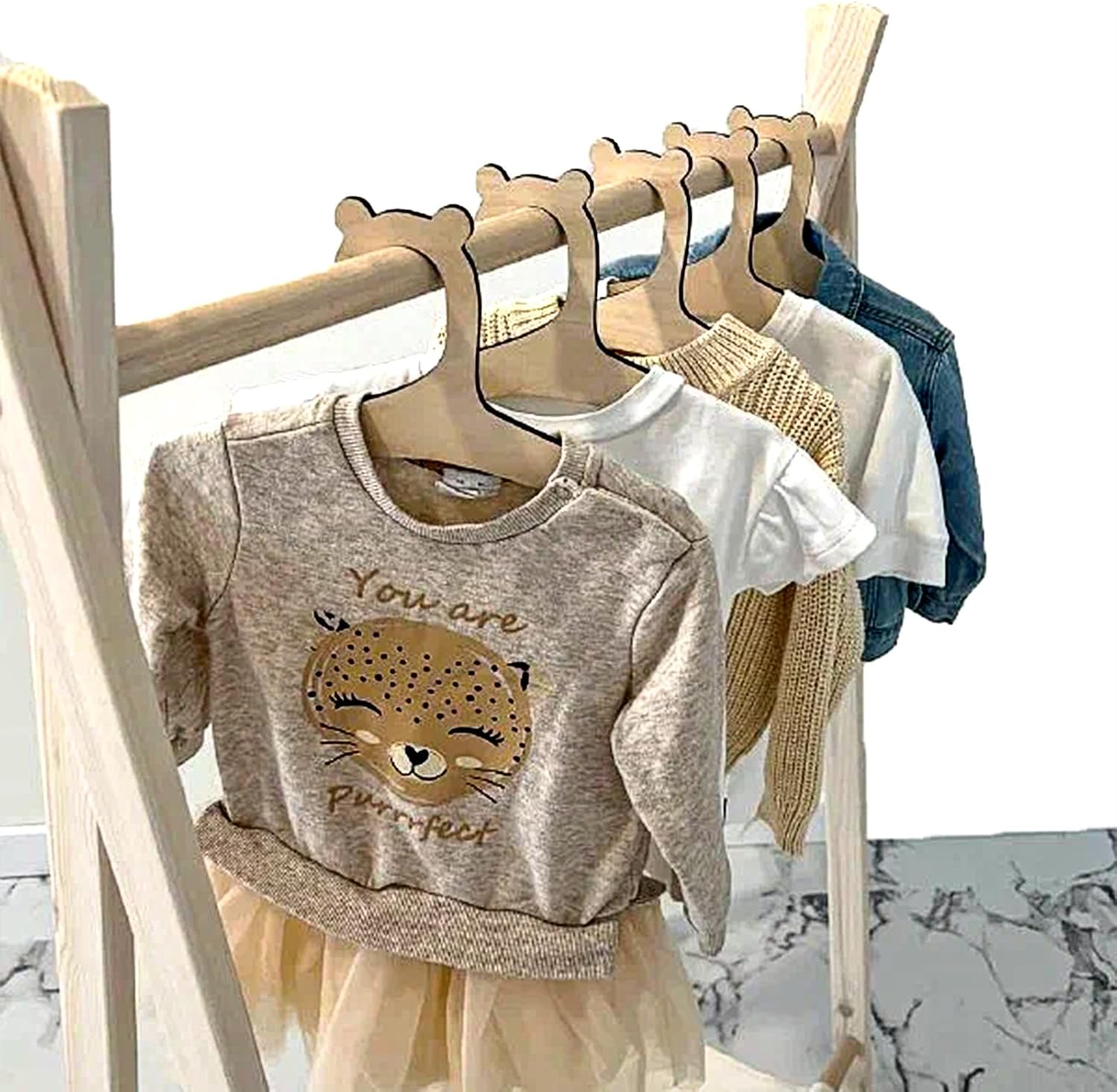 JJUNW 10 Pack Wooden Kids Hangers, 9inch Cute Wood Baby Hangers Nursery Hangers, Non Slip Coat Hanger for Baby Toddler Kids Clothes & Pants(Style1)
