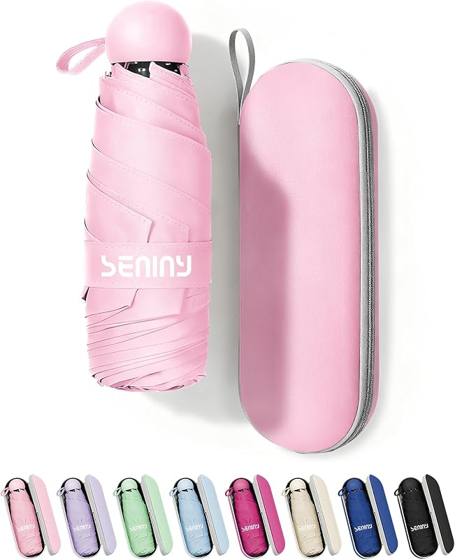 Seniny Mini Travel Umbrella with Case, Compact Pocket Size UV Sun & Rain