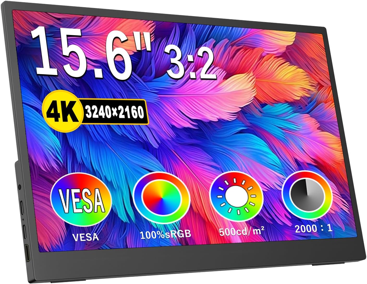 IBW 4K Portable Monitor 15.6" 3240x2160 UHD USB-C HDMI Laptop Monitor, 100% Adobe RGB IPS Computer Gaming Display HDR Travel Monitor w/Speakers & Kickstand for Laptop Xbox PS5 Switch PC Phone