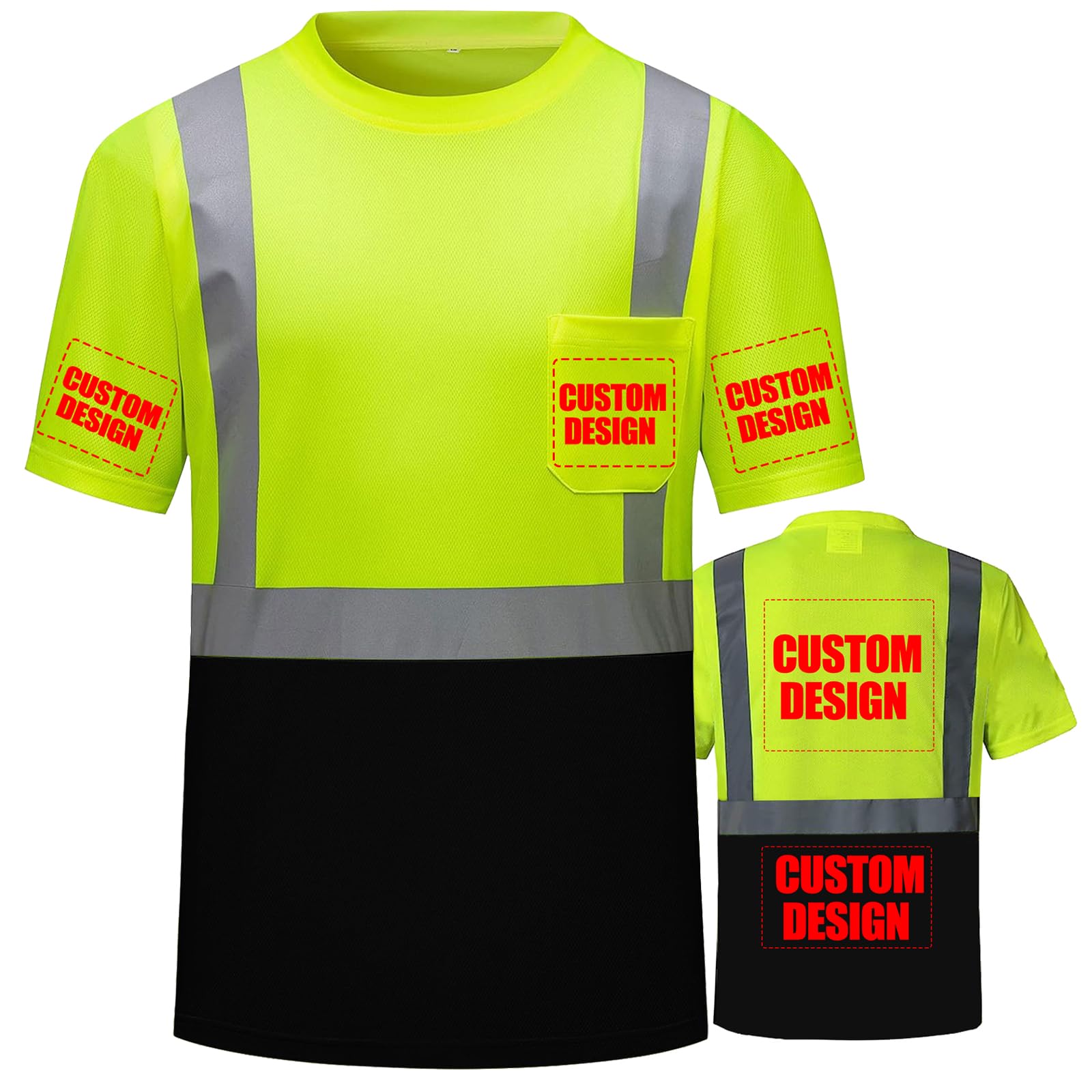 Custom High Visibility Shirts Class 3 CustoReflective Shirts ANSI with Pocket Safety Shirts for Men and Women