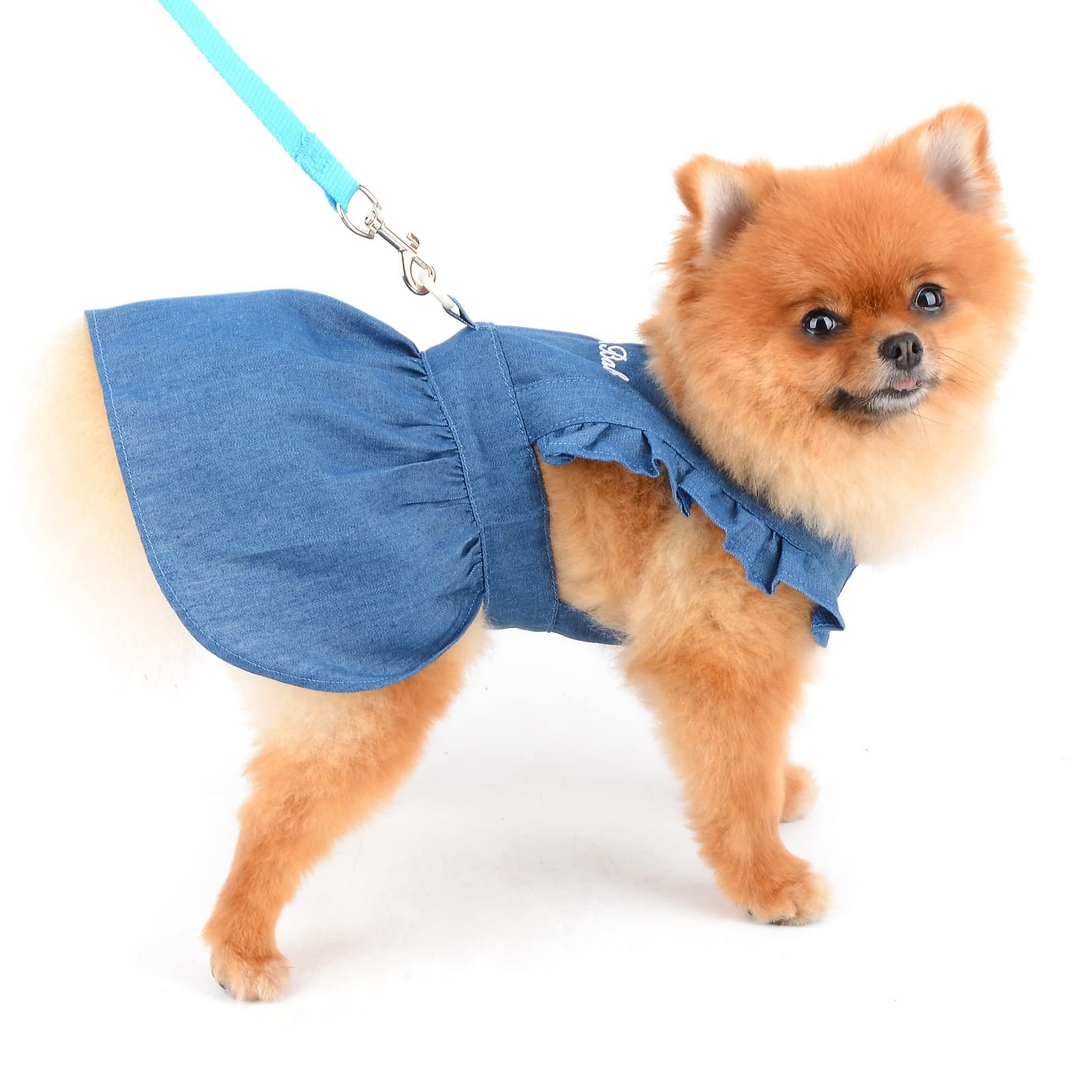 SMALLLEE_LUCKY_STORE Dog Denim Harness Dress, Ruffles Puppy Princess Dress for Small Medium Dog Cat Girls Adjustable Pet Jean Skirt with D-Ring Female Dog Clothes Summer Apparel,Dark Blue,S
