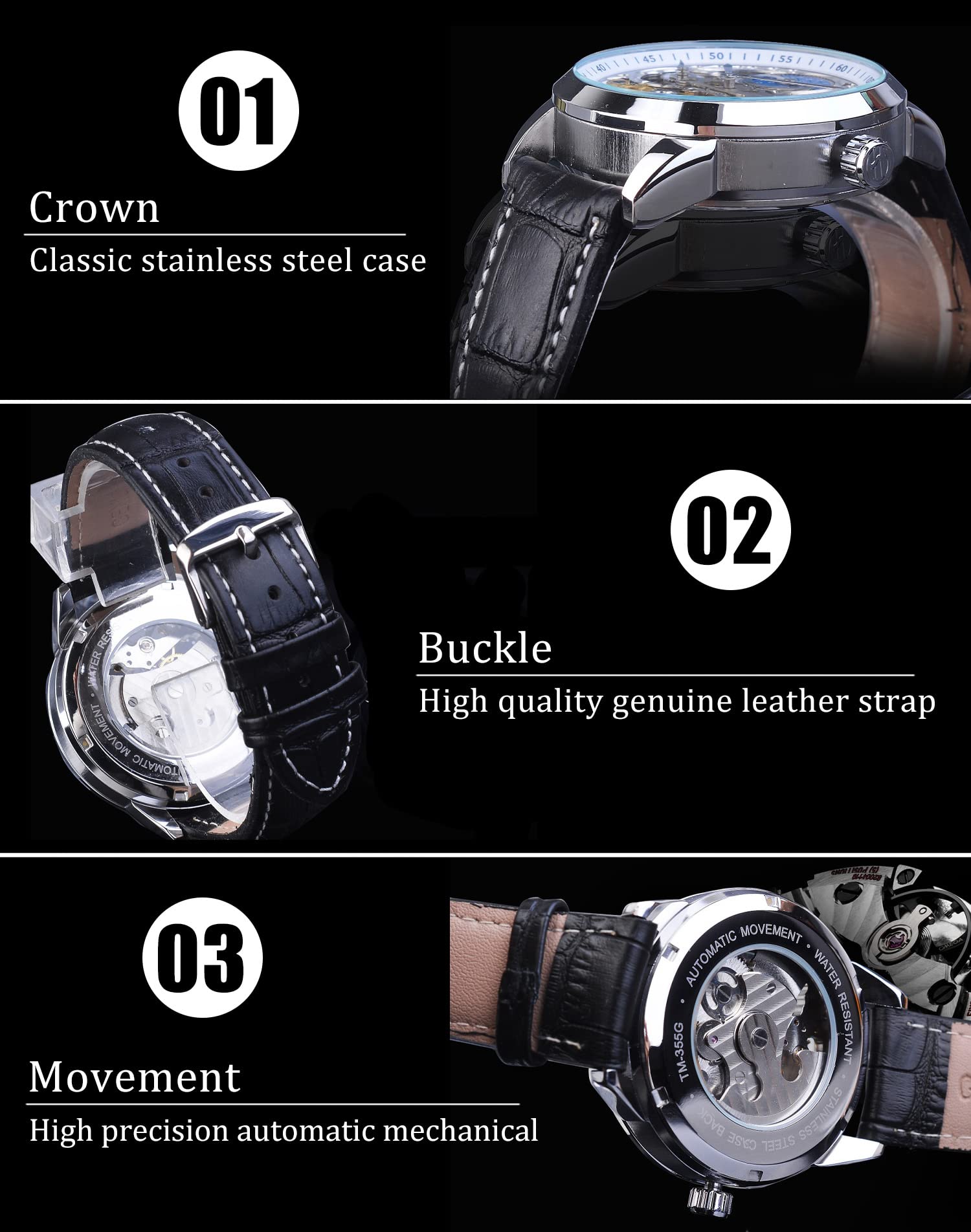 FORSINING Orologio da uomo scheletro fase lunare meccanico auto-vento Tourbillon doppio fuso orario orologi automatico cinturino in pelle di lusso grande quadrante orologio da polso, bianco