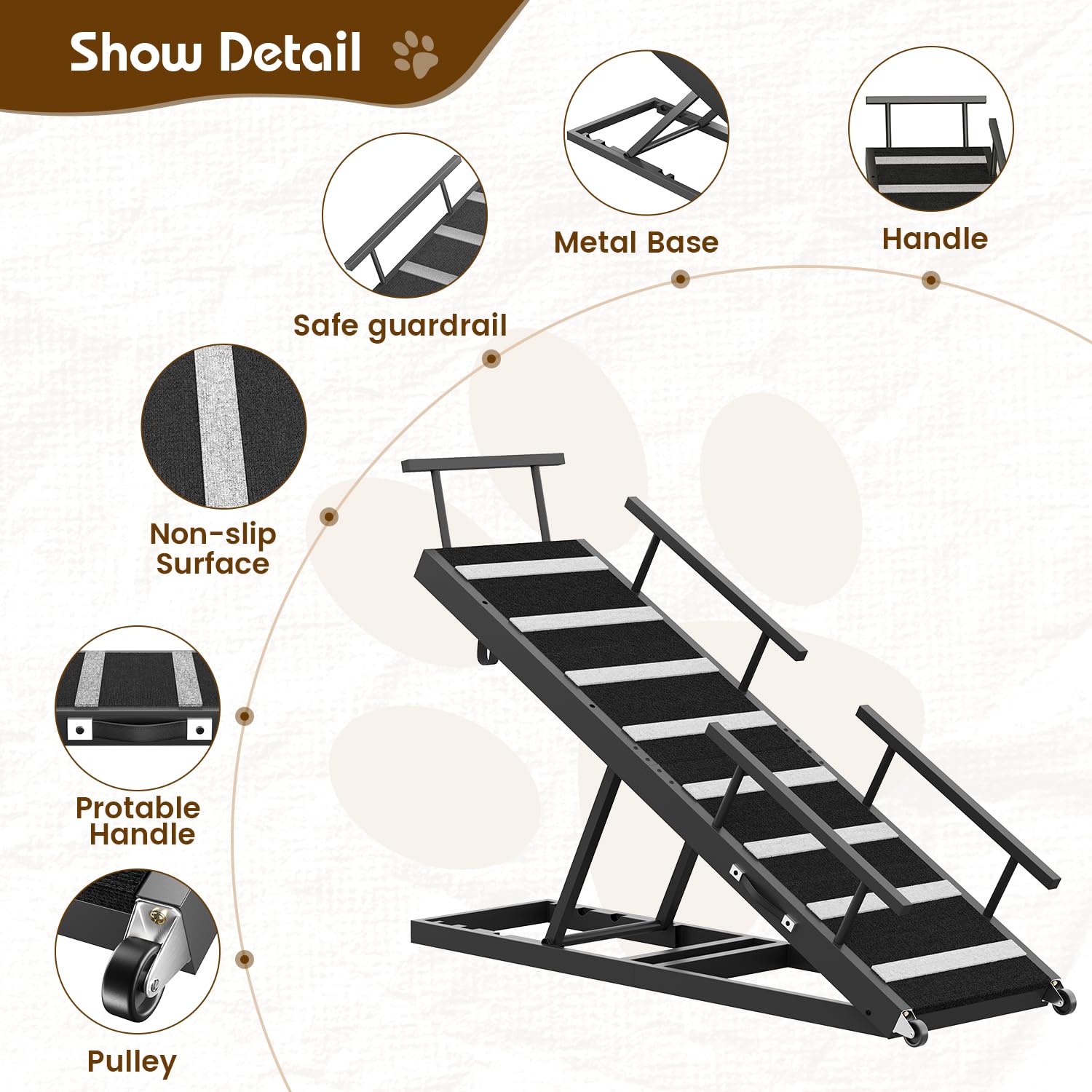 Dog Ramp for Bed, 63 Pet Ramp for Adjustable Hight, Dog Ramps for Large Dogs with Anti-Slip Carpet and Safety Rails, Dog Car Ramp with Wheel for Small, Large, Old Dogs Up to 180 Lbs, Black