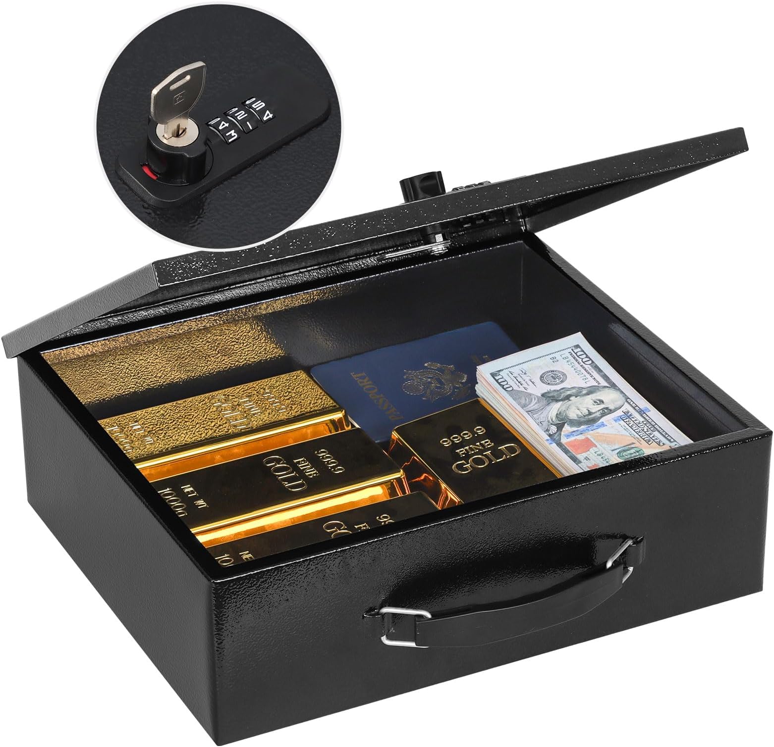 KYODOLED Fireproof Lock Box for Documents,Dual Combination and Key Lock Security Chest with Carrying Handle,Metal Strong Safe Box to Keep Personal Items,Documents, Exterior 13.2''x 11''x4.13'', Black