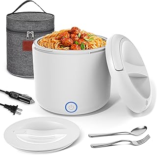 Electric Lunch Box Food Heater, 1.2L/41oz Heated Lunch Boxes for Adults, 12V/24V/110V Portable Food Warmer for Car/Truck/Office With Fork Spoon and Insulated Carry Bag（White）