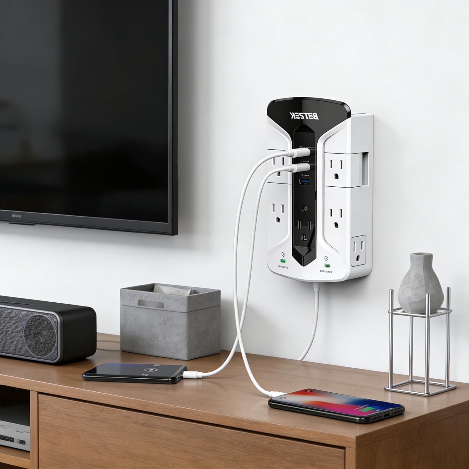 BESTEK 7-Outlet Wall Tap Surge Protector Power Strip with Swivel Outlets, 3 USB Charging Ports, 900 Joule Surge Suppression, Top Phone Holder