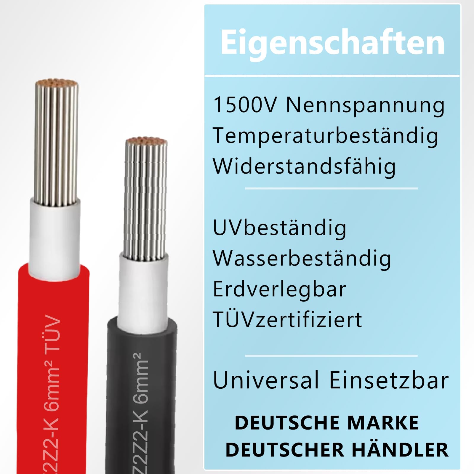 NAUC Solar Verlängerungskabel für Solarpanel - Solarleitung Solarkabel für Solarmodule - Photovoltaik-Kabel - Kabel 6 mm² - 5-100 Meter - TÜV, Farben:Schwarz, Länge Kabel:30 Meter