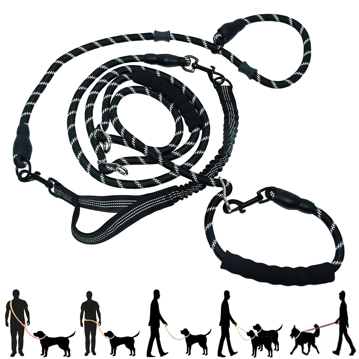 Tiesenci Hands Free Dog Leash, Crossbody & Waist Dog Walking Lead, 4 m 9-in-1 No Pull Bungee Leash with Padded Handles, Reflective, Tangle-Free for Medium & Large Dogs, Black โ image 1