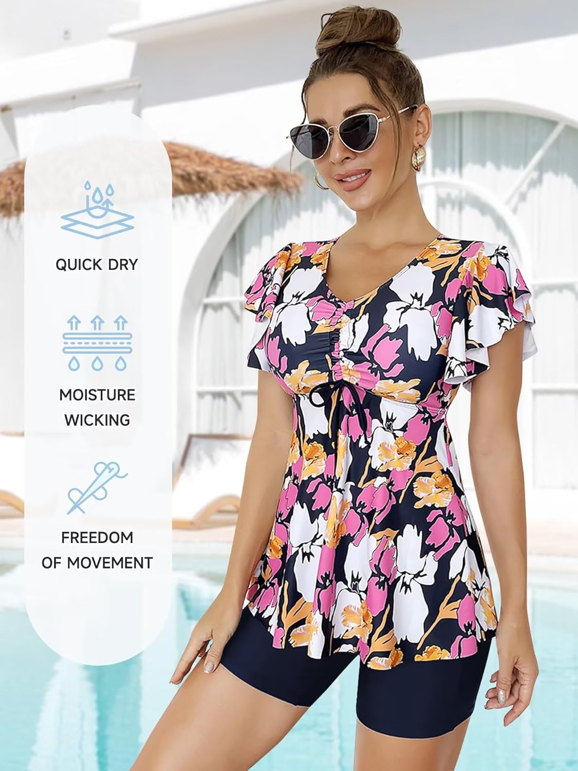 Womens Tankini Bathing Suits with Shorts High Waisted 2 Piece Swimsuit Modest Ruffled Short Sleeve Swim Suit