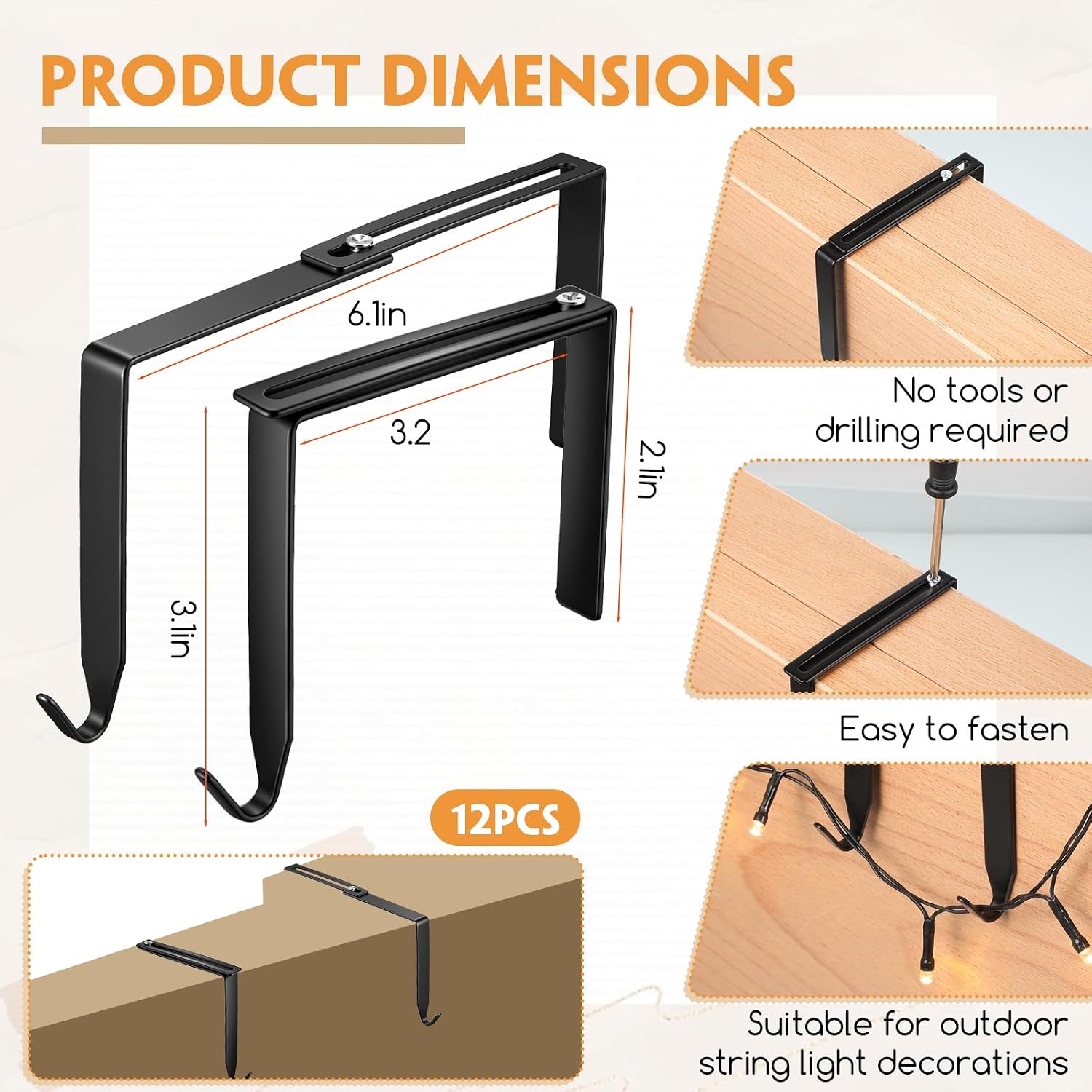 12 Pcs Adjustable No Drill String Outdoor Light Hooks | Black Outside Metal Light Hangers Cable Cord Holders Organizer for 3.2-6.1 Inch Concrete Wall Cinder Block Fences Brick Wall