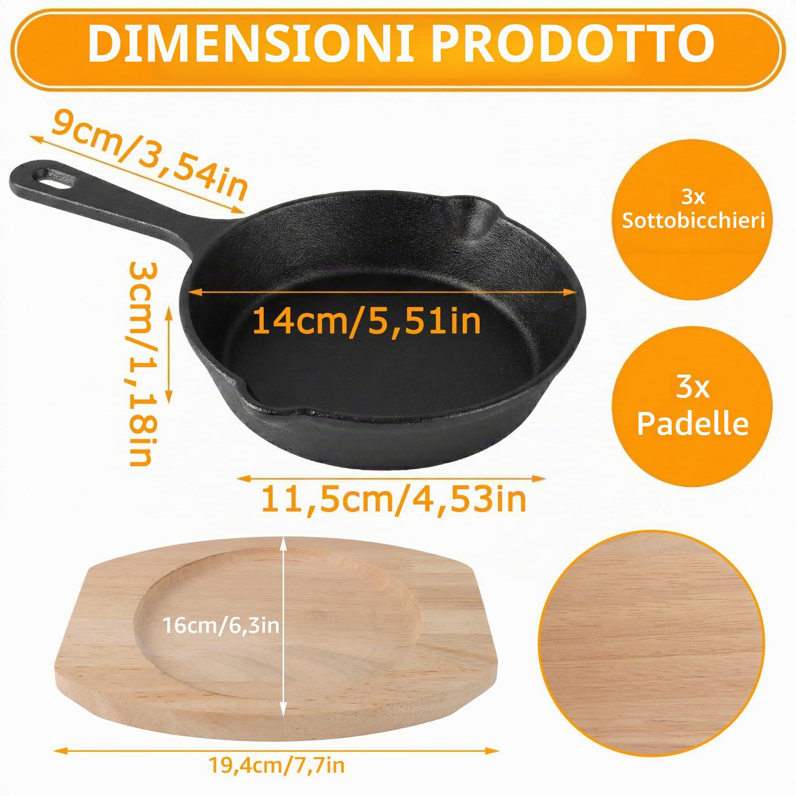SHUESS Set di 3 padelle in ghisa, piccole padelle in ghisa da 14 cm, con tagliere in legno, piccole padelle a induzione per forno e barbecue, mini padella come padella per uova fritte, mini padella e