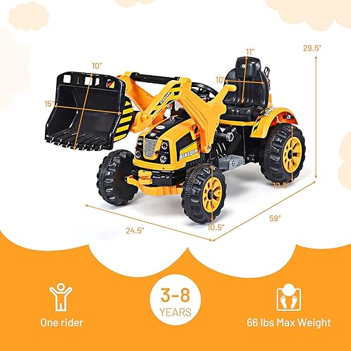Miniatura 7 de HONEY JOY Excavadora de montar vehículos de construcción alimentados por pilas de 12 V para niños pala cargadora frontal con bocina 2 velocidades