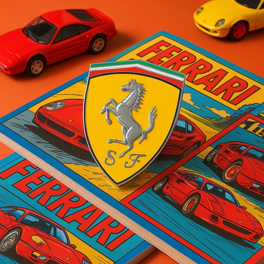 3D Emblem Sticker for Ferrari Fans – 3" x 2.5" Yellow and Chrome Resin Badge for Universal Application