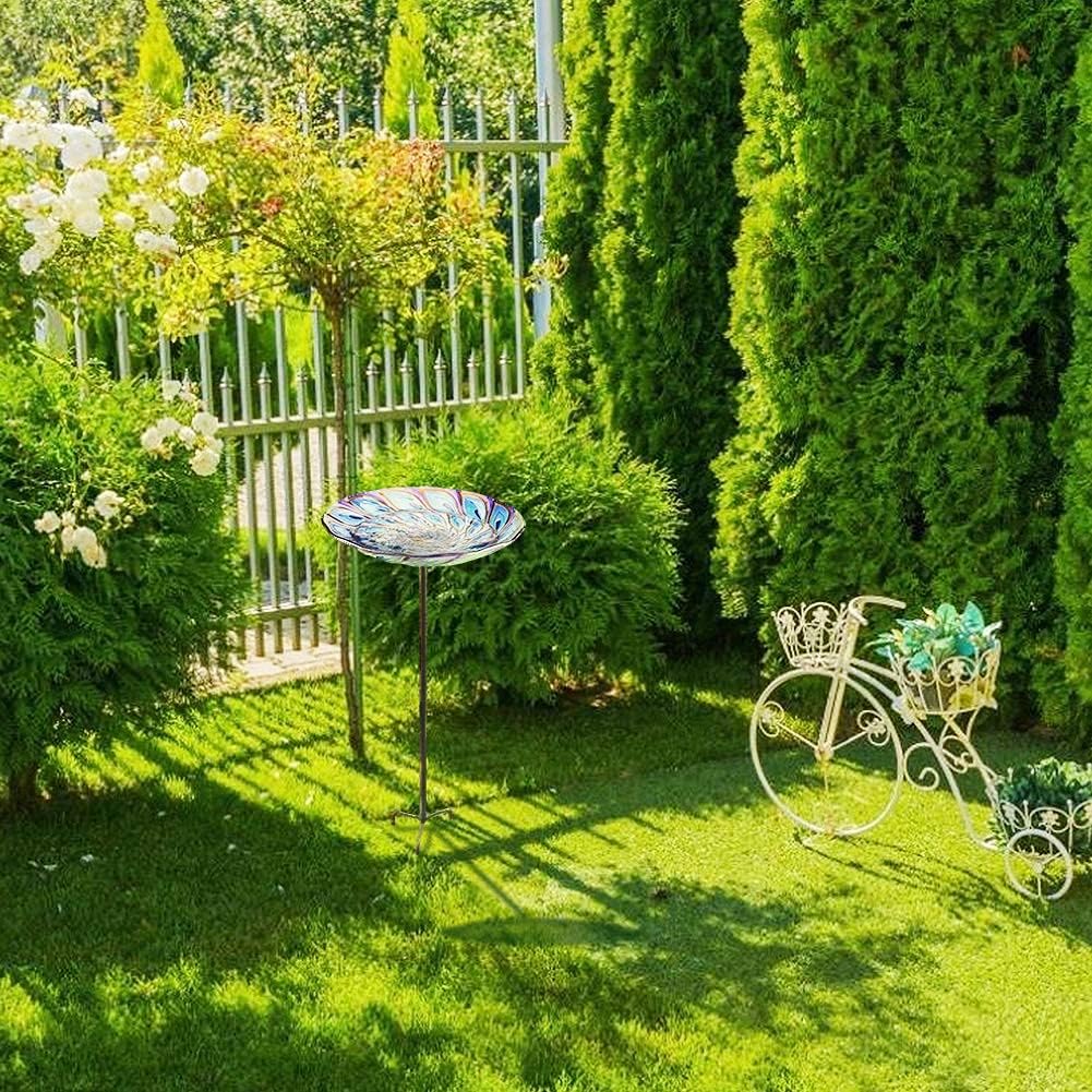 VCUTEKA Glass Bird Bath Outdoor BirdBath Garden Birdfeeder with Metal Stake