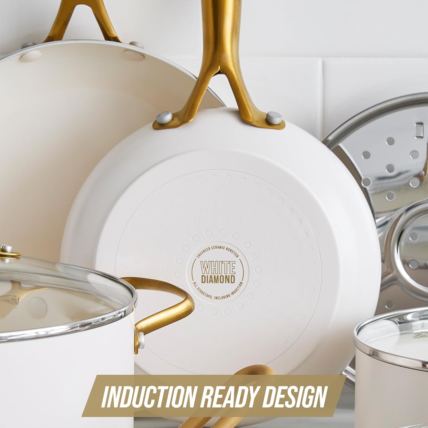 Blue Diamond 12" Nonstick Frying Pan Skillet, Diamond Infused PFAS & PTFE-Free Ceramic Pot, Dishwasher & Oven Safe, Gold Handle, Induction, Non Toxic Metal Utensil Safe, Egg & Omelet Pan, White