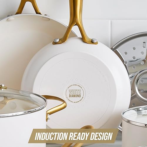 Miniatura 5 de Blue Diamond - Sartén de 12 pulgadas de cerámica antiadherente, sin PFAS, apto para estufas de inducción, horno y lavavajillas, mango dorado, color