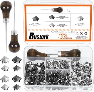 402Pcs Square Rivets Pyramid Studs Metal Punk Spikes Spots Assortment Kit with 2Pcs Awls, Four-Jaw Square Rivets Spots Studs Nailhead Studs for DIY Leather Craft Punk Rock Decorations