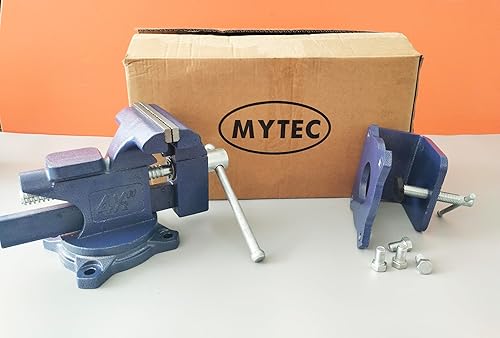 Miniatura 35 de MYTEC Tornillo de banco 2 en 1 resistente para banco de trabajo, 6.0 pulgadas azul, tornillo de mesa multiusos mejorado, tornillo de banco giratorio