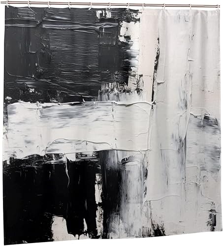 Miniatura 7 de TIYAANDSY Cortina de ducha abstracta de pintura al óleo para baño, juego de cortina de ducha rectangular negra y blanca, estilo bohemio, tela con
