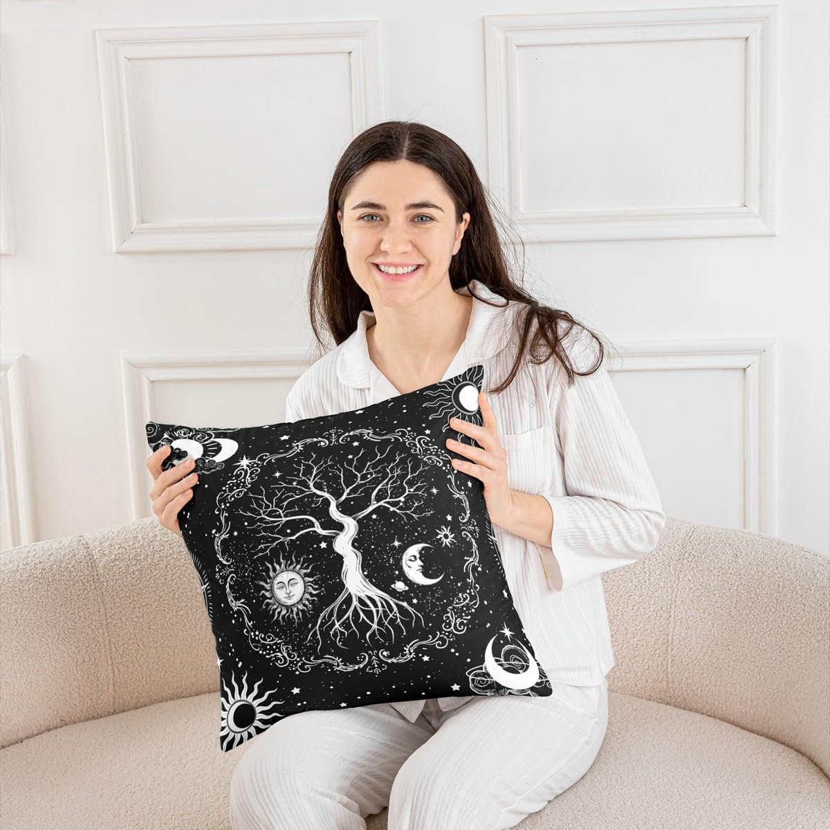 Tree of Life Pillow Covers 20x20 Inch Set of 4, Sun And Moon Throw Pillow Covers, Gothic Bohemian Cushion Covers, Trippy Galaxy Stars Decorative Square Pillow Cases Bedroom Decor, White And Black