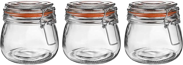 Argon Tableware 3x 500ml (0.5 Litre) Clear Glass Storage Jars with Orange Airtight Silicone Seal and Metal Clip Lid - 17.6oz Empty Kitchen Food Containers