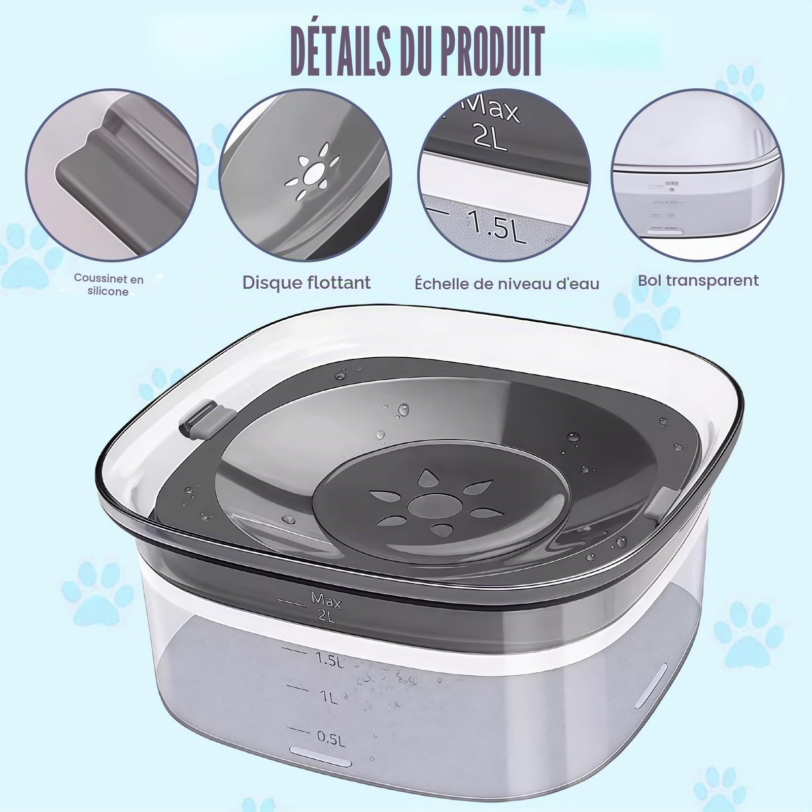 Gamelle d'eau sans renversement pour chiens : LEKEFETO 2L sans bavure, gamelle d'eau pour chien, chats et animaux domestiques, anti-fuite et antidérapante, transparente